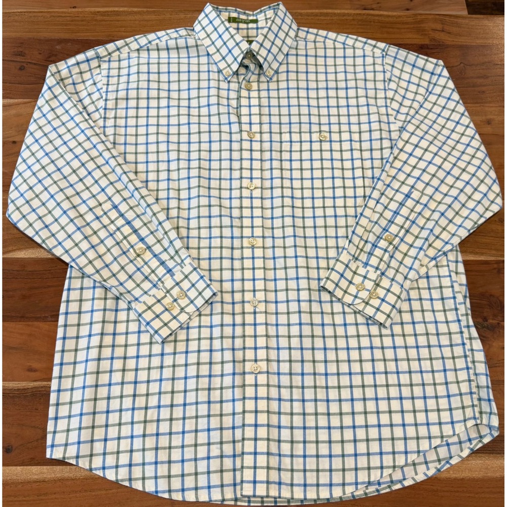 Orvis Mens Large Cotton Button Down Shirt Blue Green Tattersall Check LongSleeve